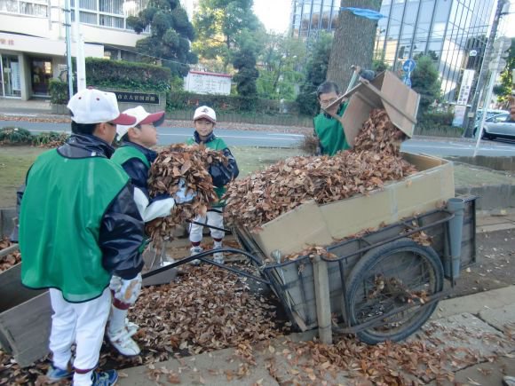 氷川神社清掃１２月　リトルリーグの少年選手とともに活動